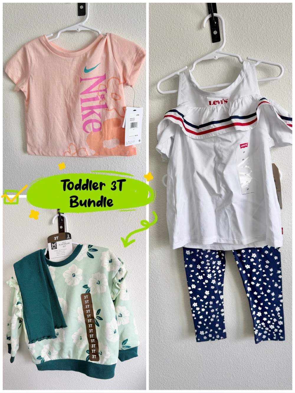 BRAND NEW Toddler 3T Nike Top - Levi’s Set - Member’s Mark 2 Piece Outfit Bundle